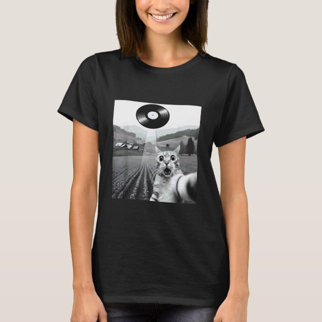 T-shirt Chat Selfie UFO Faisceau Vinyle Disque Alien Enlèv (Devant)
