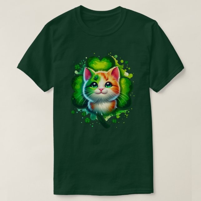 T-shirt Chat Shamrock Lucky, T-shirt St. Patricks (Design devant)