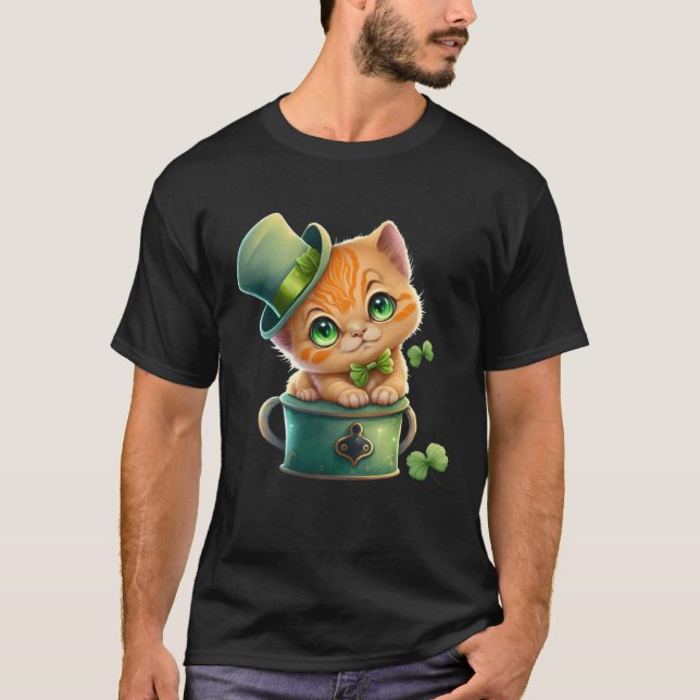 T-shirt Chat Shamrock Saint Patrick Chapeau de Leprechaun  (Devant)