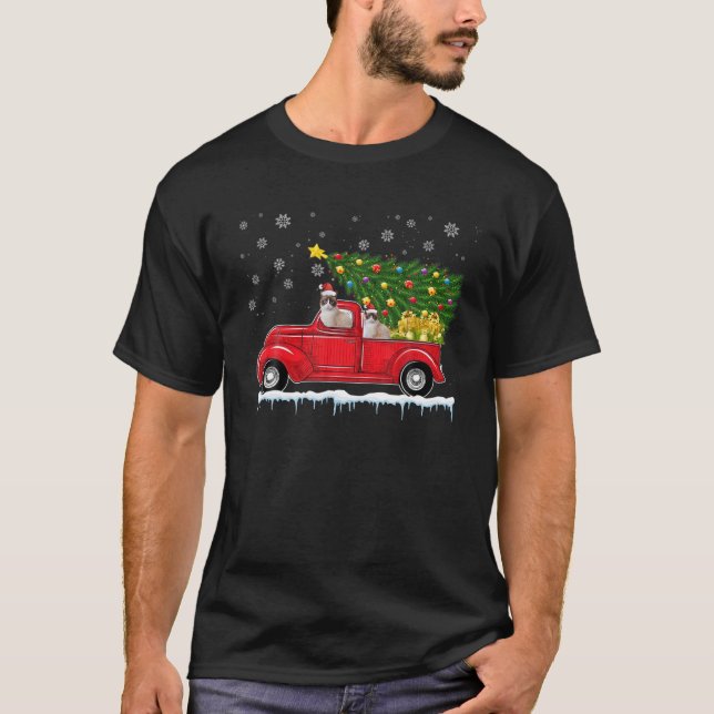 T-shirt Chat Siamese Camion voiture rouge arbre de Noël Pè (Devant)