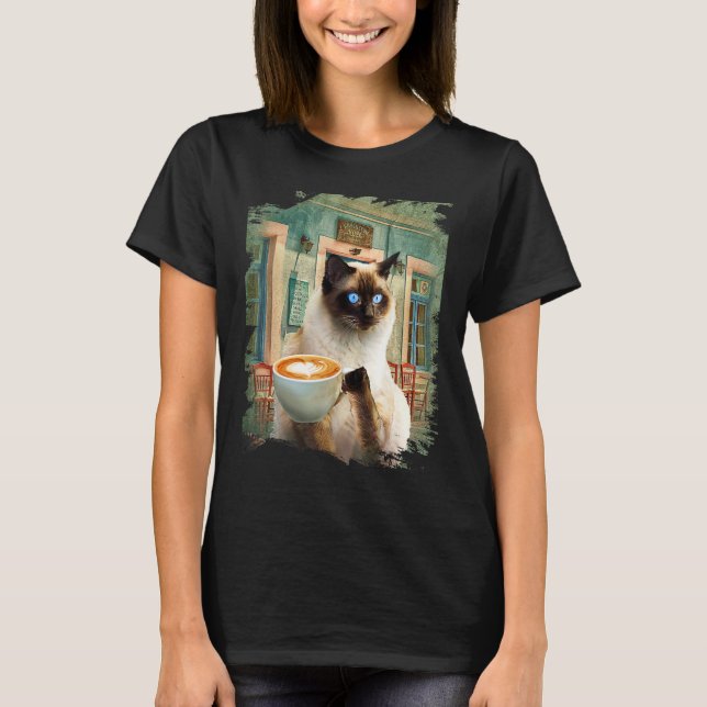 T-shirt Chat siamois avec café (Devant)