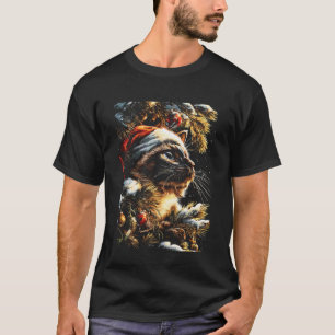 T-shirt Chat siamois de Noël avec chapeau de Père Noël Hiv