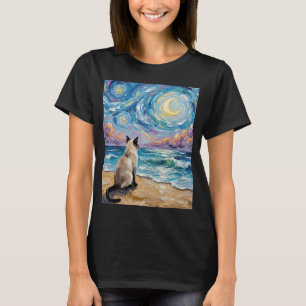 T-shirt Chat siamois Nuit étoilée Félin sur la plage Artwo