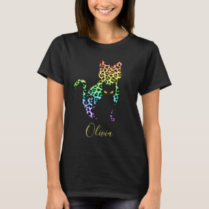 T-shirt Chat silhouette impression léopard arc-en-ciel et