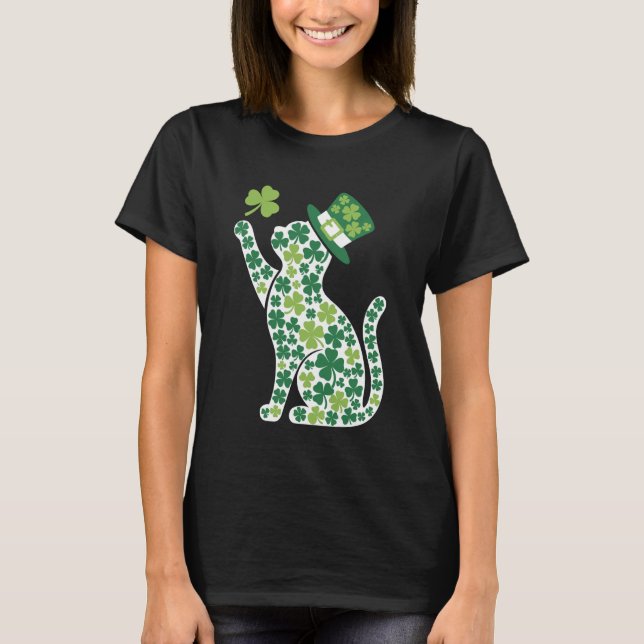 T-shirt Chat silhouette trèfle Saint-Patrick chaton (Devant)