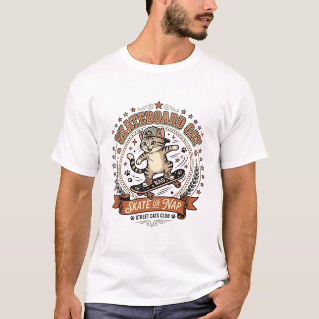 T-shirt Chat Skateboard Chat Skateboard Art Vectoriel Vint (Devant)