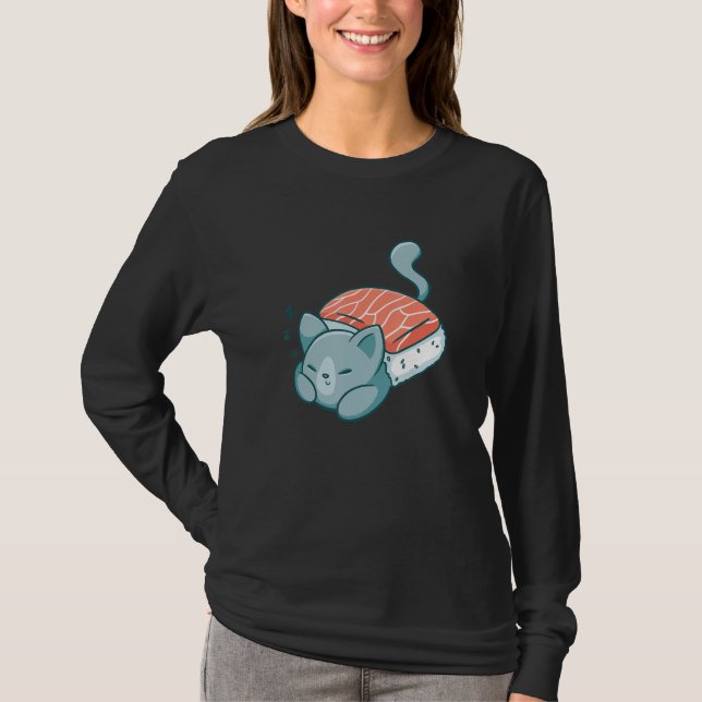T-shirt Chat Sleeping Sushi Blanche Cute Kitten Nourriture (Devant)
