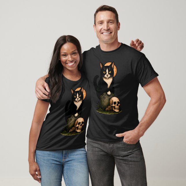 T-shirt Chat Smoking et Crâne – Conception de Cimetière Go (Unisexe)