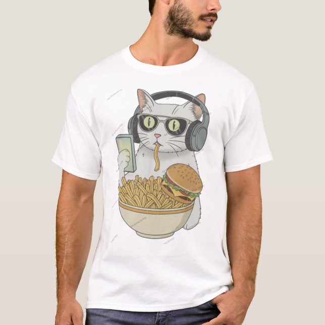 T-shirt Chat snack cool avec casque . (Devant)