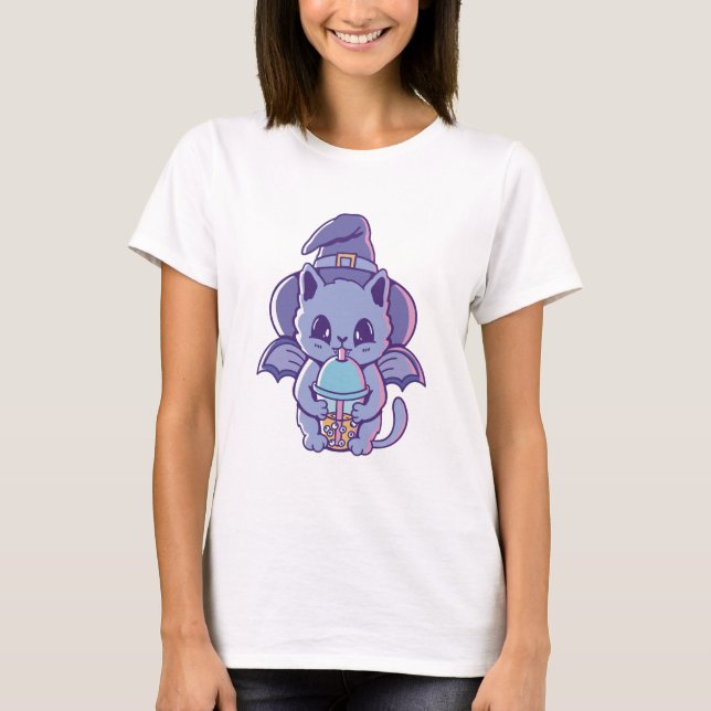 T-shirt Chat sorcière adorable chauve-souris (Devant)