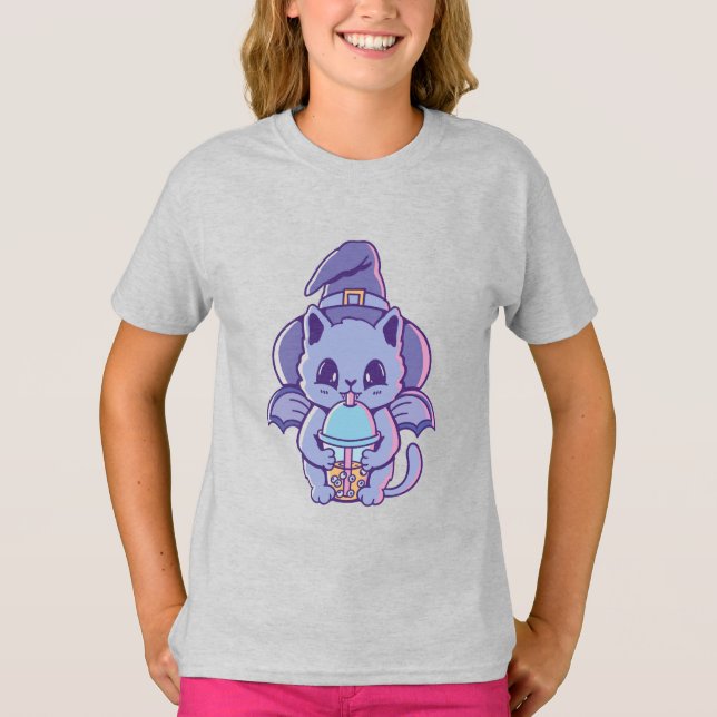 T-shirt Chat sorcière adorable chauve-souris (Devant)