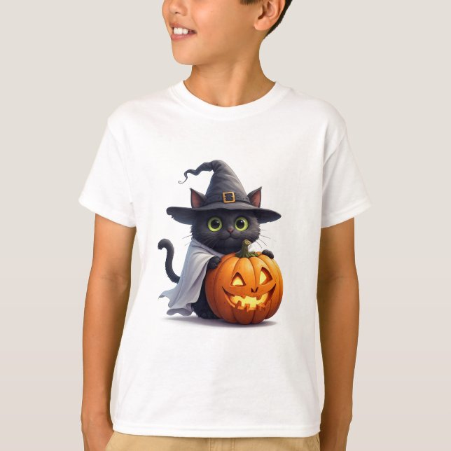 T-shirt Chat Sorcière Avec Thème Halloween de Citrouille � (Devant)