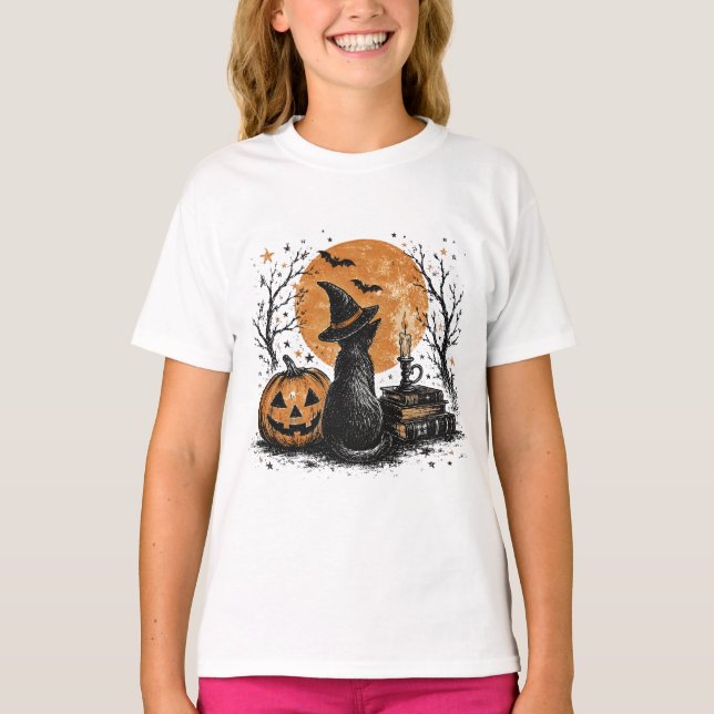T-shirt Chat sorcière et citrouille (Devant)