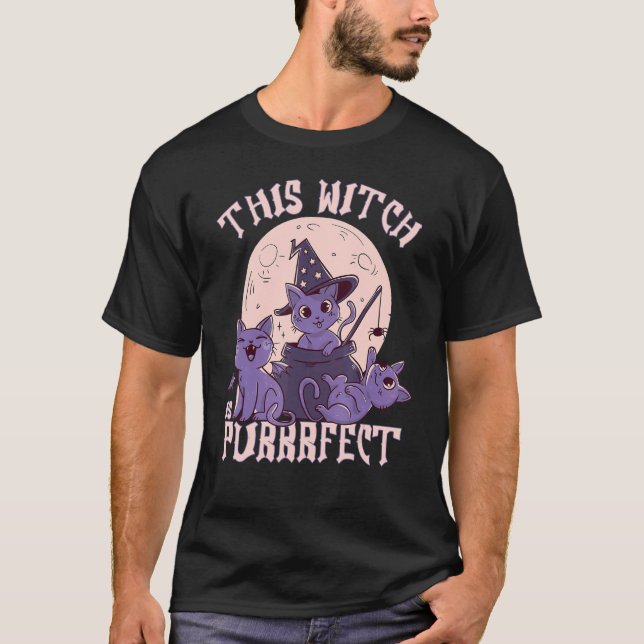 T-shirt Chat Sorcière Mignon Halloween pour Chat Minou (Devant)