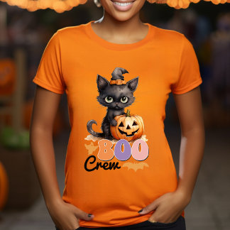 T-shirt Chat-sorcière noire mignonne Citrouille-Halloween-
