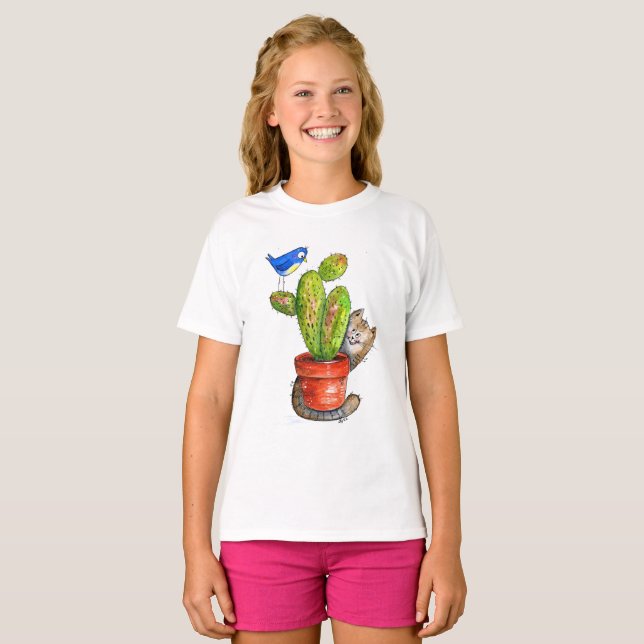 T-shirt Chat sournois avec Cactus (Devant entier)