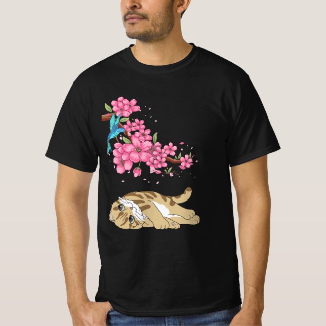 T-shirt Chat sous Cherry Blossom Cute Japonaise Kawaii Cha (Devant)