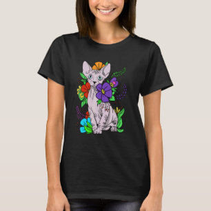T-shirt Chat Sphynx Chat Kitten sans cheveux Fleurs floral
