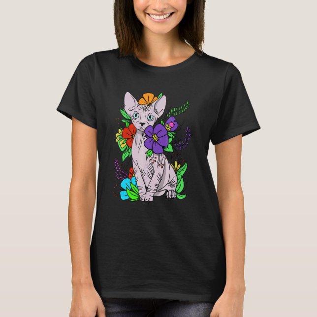 T-shirt Chat Sphynx Chat Kitten sans cheveux Fleurs floral (Devant)