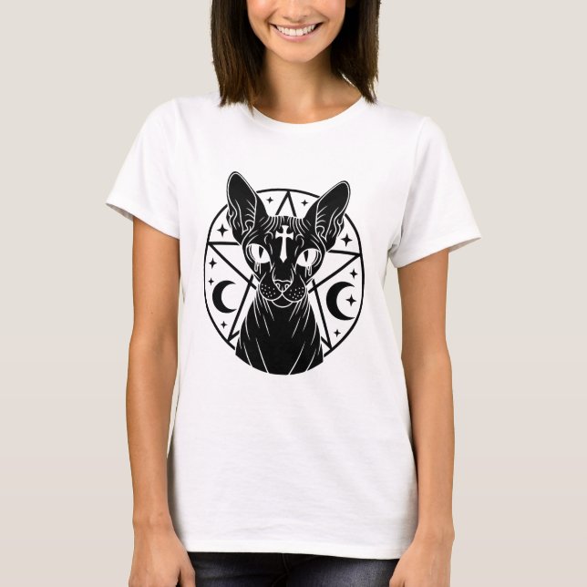 T-shirt Chat Sphynx noir Métal Mort Goth Occulte (Devant)