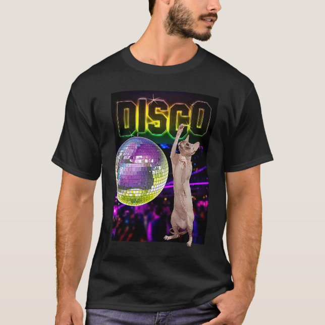 T-shirt Chat Sphynx sans poils à la Disco  Chat qui danse (Devant)