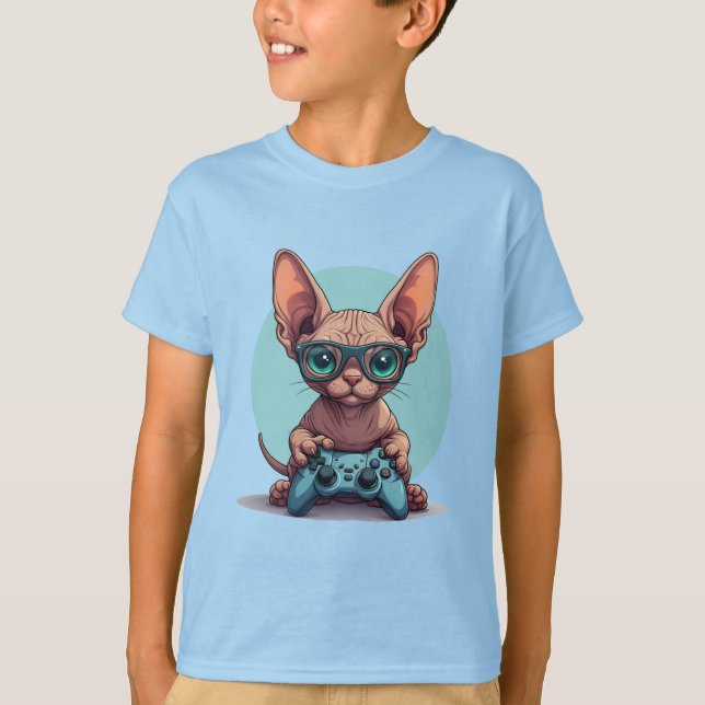 T-shirt Chat Sphynx tenant une manette de jeu (Devant)