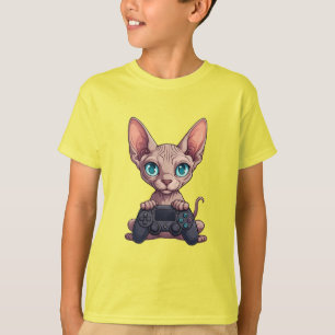 T-shirt Chat Sphynx tenant une manette de jeu