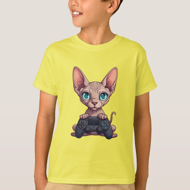 T-shirt Chat Sphynx tenant une manette de jeu (Devant)