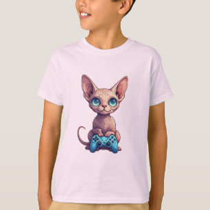 T-shirt Chat Sphynx tenant une manette de jeu