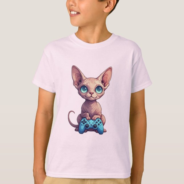 T-shirt Chat Sphynx tenant une manette de jeu (Devant)