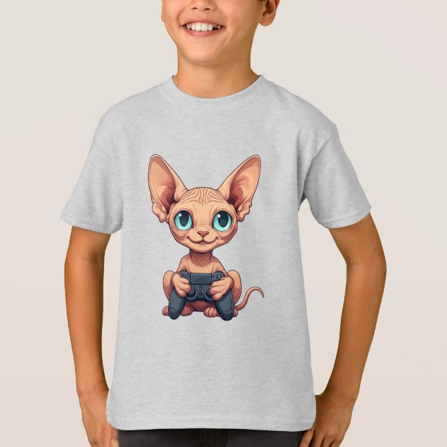 T-shirt Chat Sphynx tenant une manette de jeu (Devant)