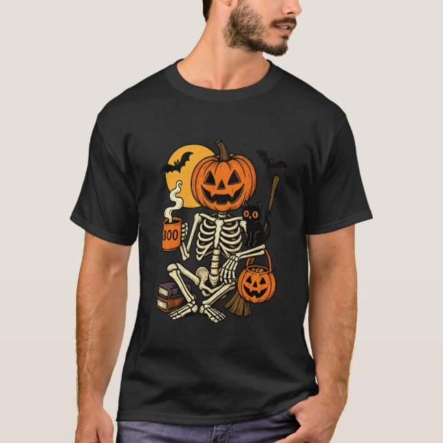 T-shirt Chat squelette de citrouille cosy épouvantable Caf (Devant)