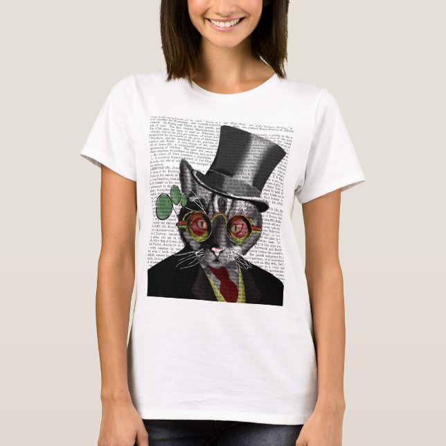 T-shirt Chat Steampunk - Chapeau supérieur et verres jaune (Devant)