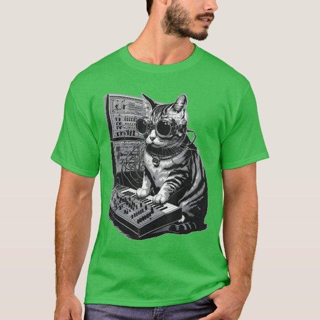 T-shirt Chat Steampunk jouant du synthétiseur Synth Kitten (Devant)