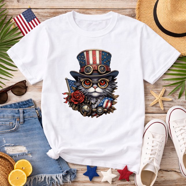 T-shirt Chat Steampunk Patriotique avec Lunettes (Créateur téléchargé)