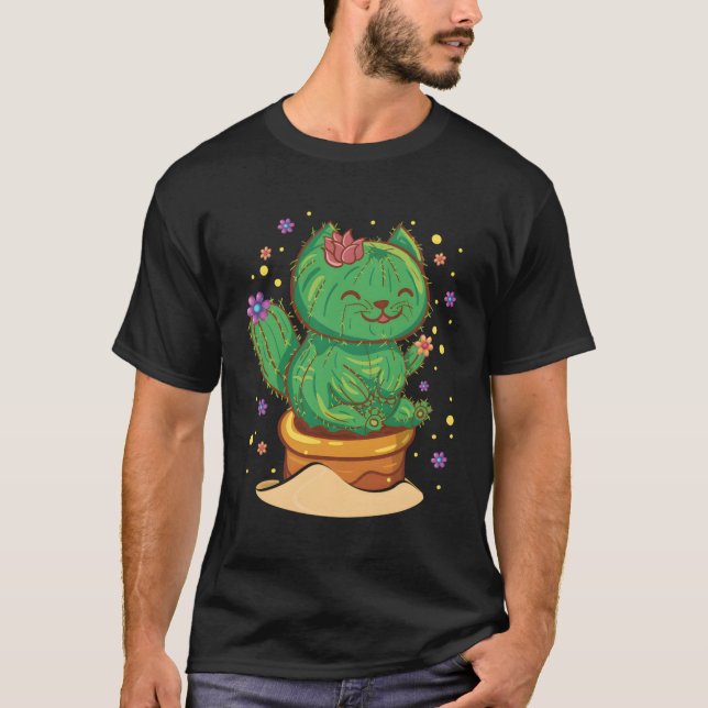 T-shirt Chat Succulent Assis Dans Fleur Cactus Pot Fleurs (Devant)
