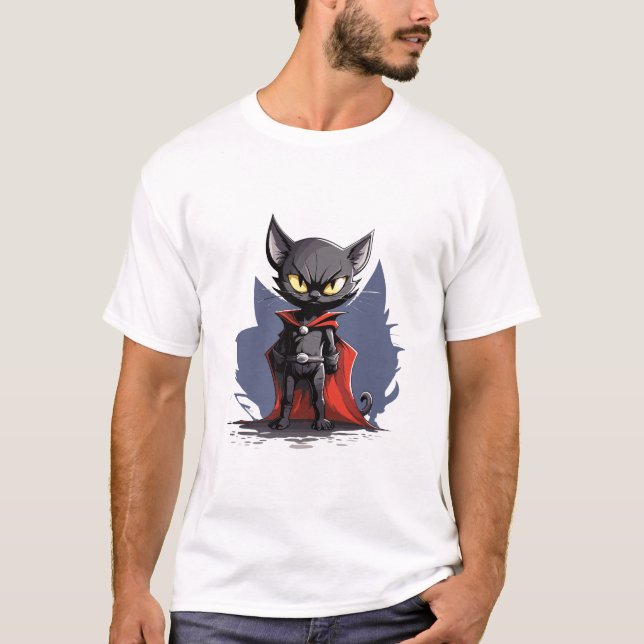 T-Shirt Chat Super-Héros Noir avec Cape Rouge (Devant)