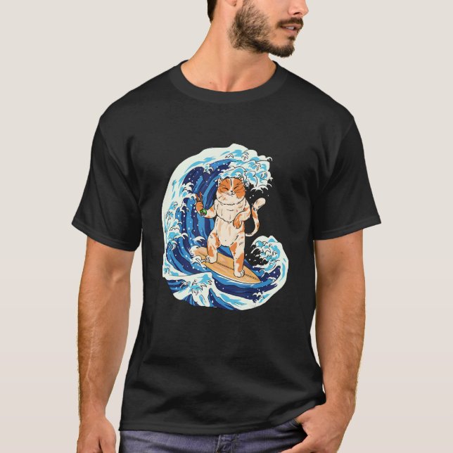 T-shirt Chat Surfant Et Mangeant Sushi   Chat (Devant)