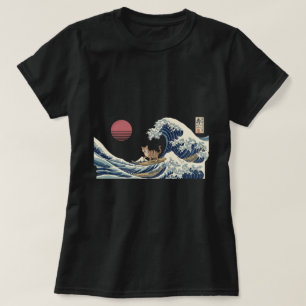T-shirt Chat surfant sur une grande vague d'art japonais