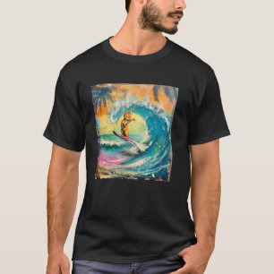 T-shirt Chat surfant sur une vague de l'océan, art de graf