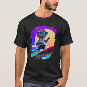 T-shirt Chat Surfant Surfeur Chevauchant Vague Océan Artis