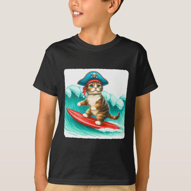 T-shirt Chat Surfeur Avec Chapeau de Pirate Sur Planche de (Devant)