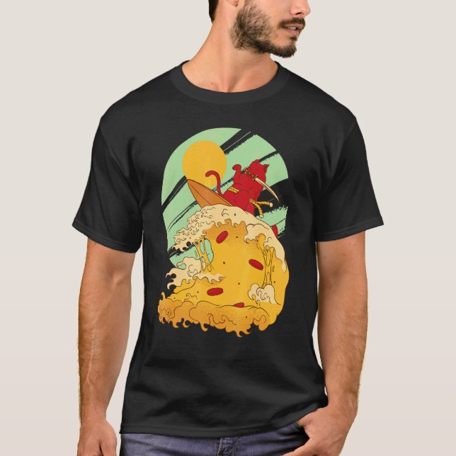 T-shirt Chat surfeur de pizza dans le style cool des samou (Devant)