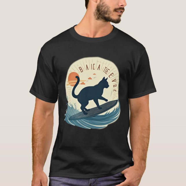 T-shirt Chat surfeur silhouette abstraite vague de plage r (Devant)