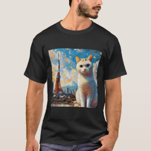 T-shirt Chat surplombant la Tour de Tokyo avec le Mont Fuj