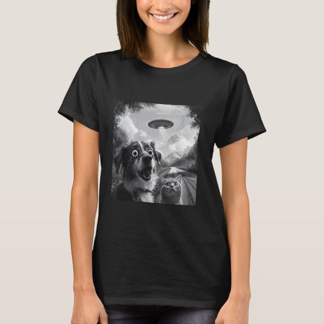 T-shirt Chat Surpris Selfie Avec Alien UFO Drôle Chat Homm (Devant)