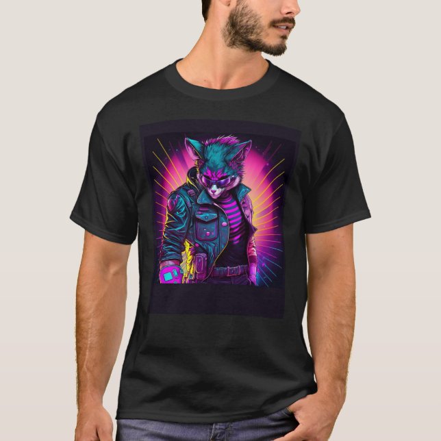T-shirt Chat Synthwave Rétro Ambiance 80s (Devant)