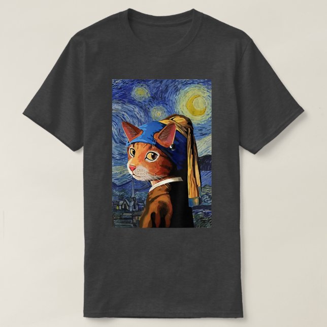 T-shirt Chat T, Starry Night Chat, Art Chat, Style Van Gog (Design devant)