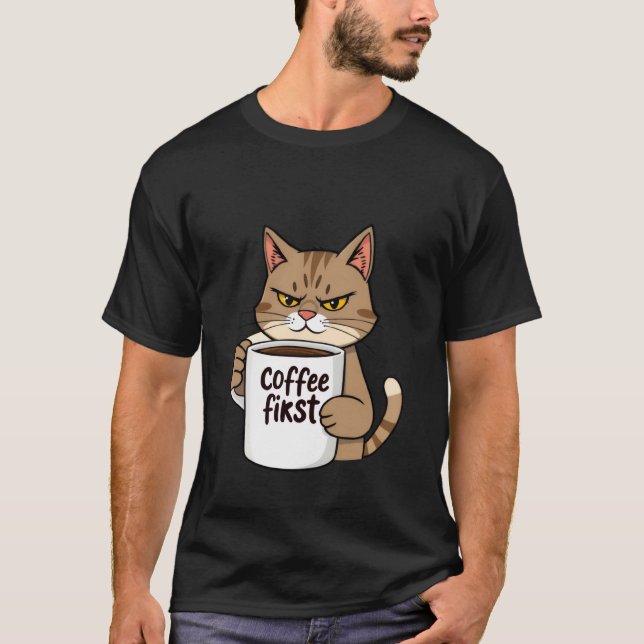T-shirt Chat Tabby Grincheux Café D'abord Matin ✨🐾☕ (Devant)