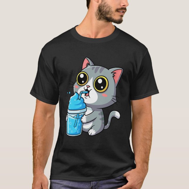 T-shirt Chat tabby gris adorable buvant une boisson bleue  (Devant)